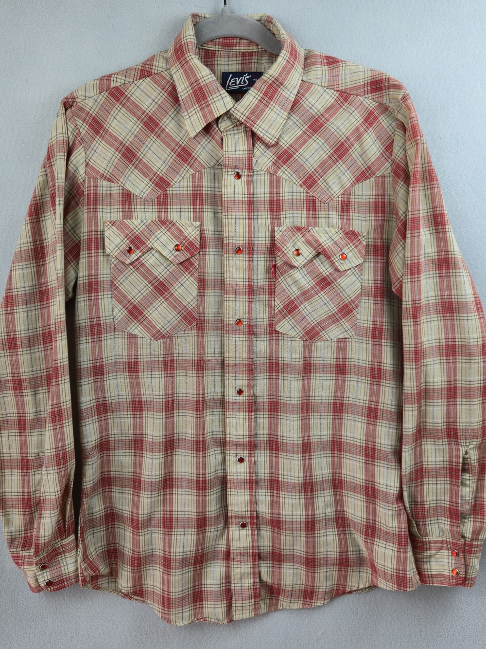 Vintage 70s Levi's Tapered Fit Pearl Snap Western Shirt Red Metallic Lurex M